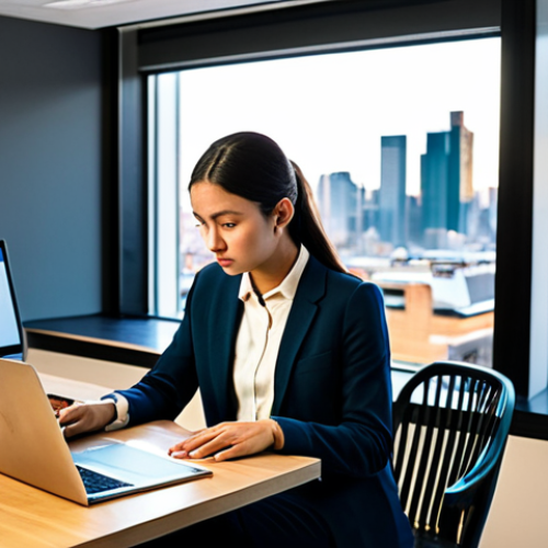 A focused young adult, fully clothed in a modest business casual outfit, sits diligently at a modern desk in a well-lit office. They are intently reviewing visa documents and a laptop screen, with a subtle backdrop of a sunlit city skyline visible through a large window, suggesting an international context. The atmosphere is professional and diligent. Perfect anatomy, correct proportions, natural pose, well-formed hands, proper finger count, natural body proportions, professional photography, high quality, safe for work, appropriate content, fully clothed, modest clothing, professional dress, family-friendly.